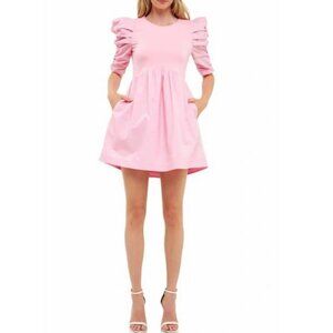 NWT Women's ENGLISH FACTORY Pleated Puff Sleeve Mini Dress Pink | Size XS